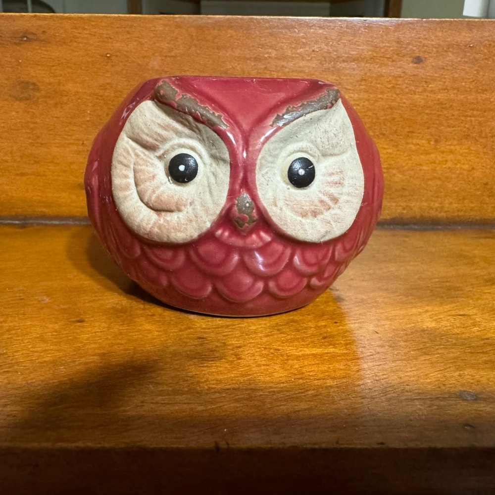 Ceramic Owl Candle Holder in Deep Red and Cream